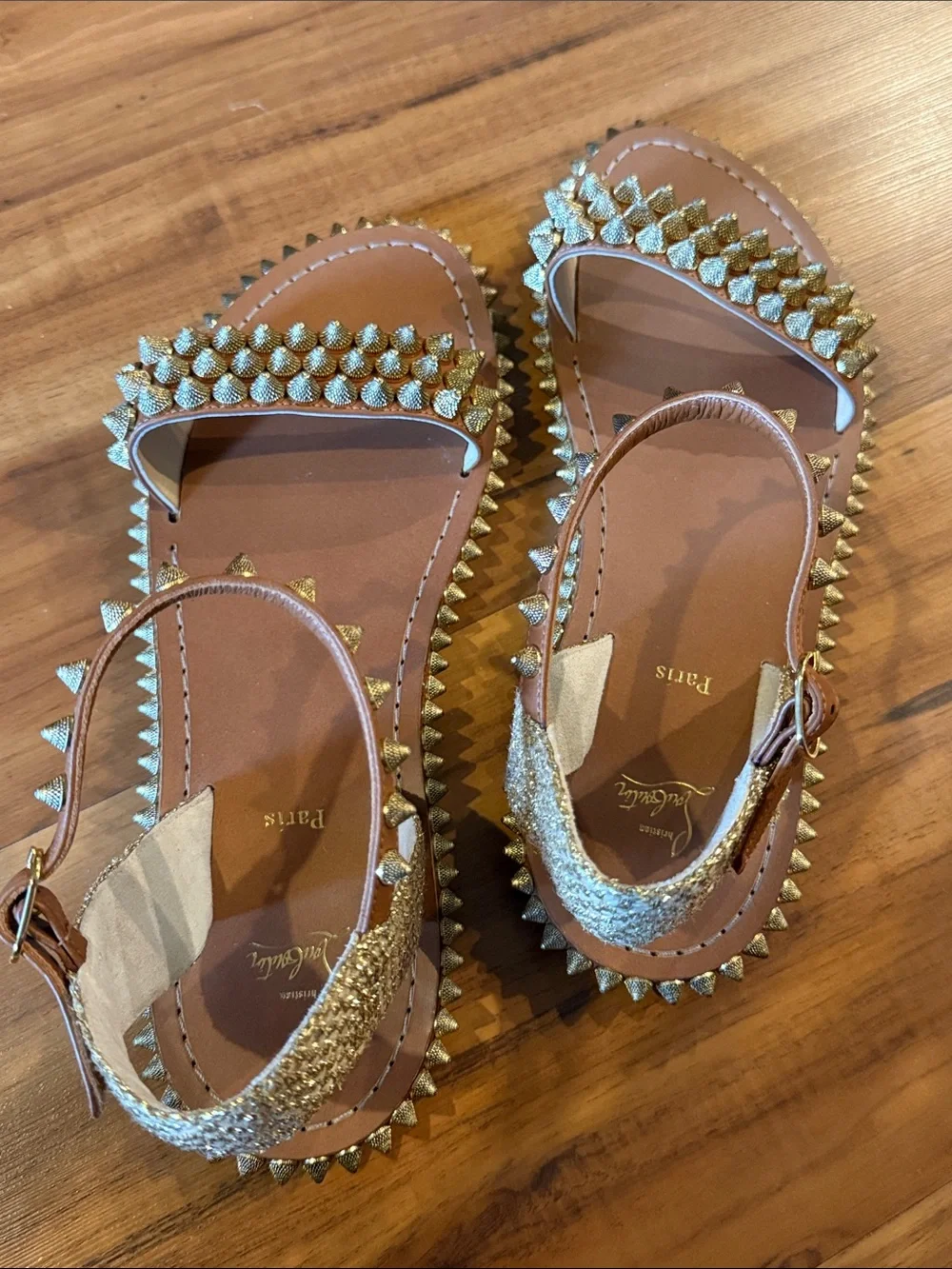 Christian Louboutin Brown Leather Studded Flat Sandals with Gold Spikes size 40